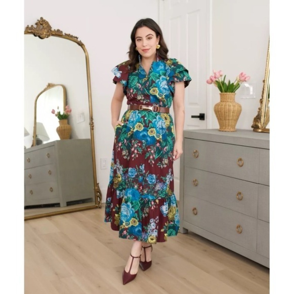 Tuckernuck Verdant Floral Alice Dress Burgundy Teal Cotton Midi 3X